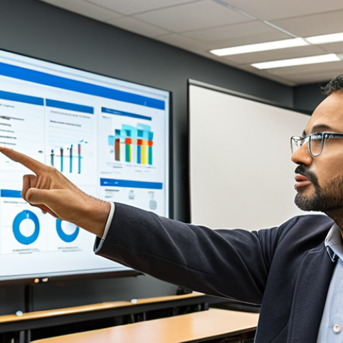 ** A professor using OER in a university lecture, showcasing modern research. The setting should be a bright, engaging classroom with diverse students actively participating. The professor is pointing to a dynamic display of research data visualized through a modern interface.

**
