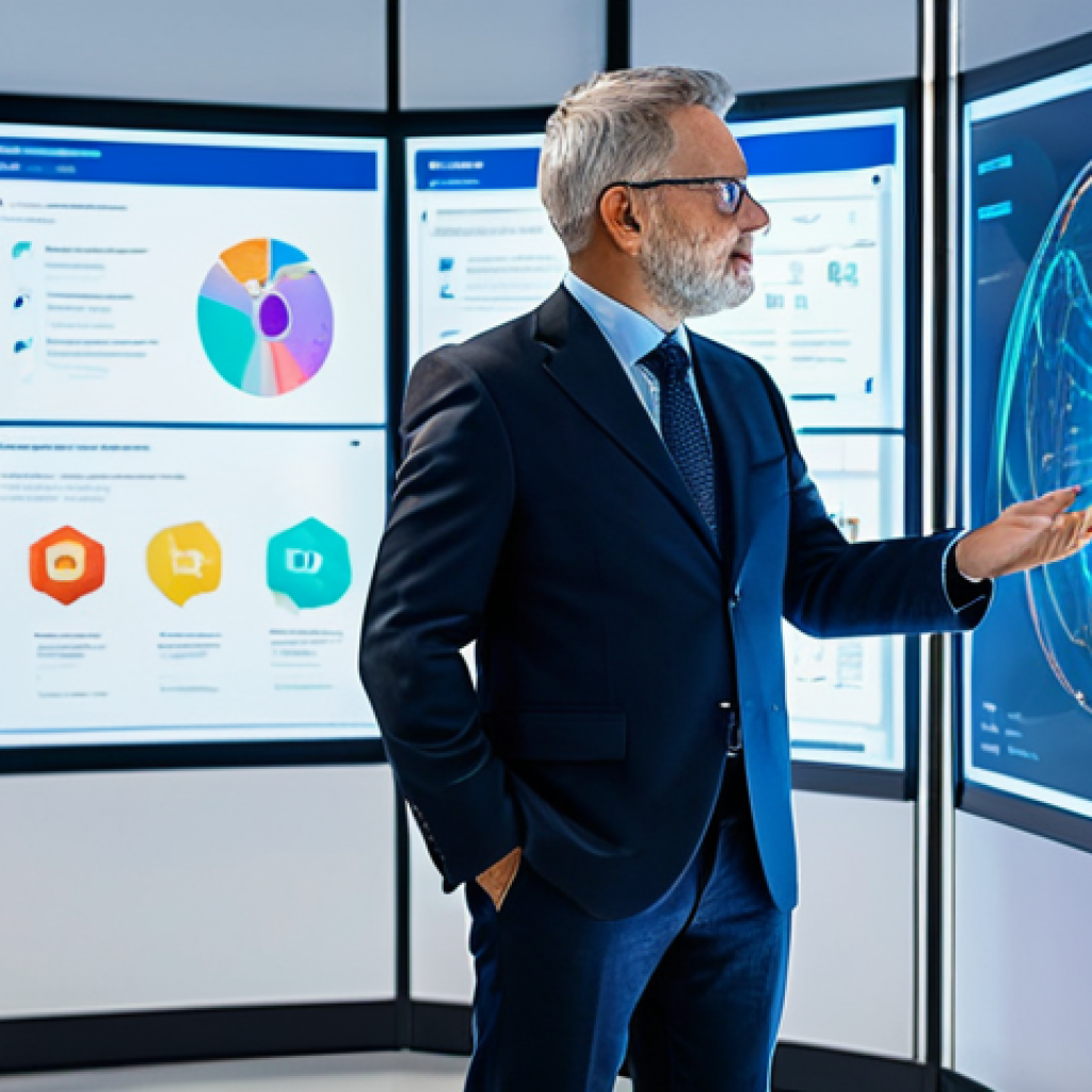 A professional adult, fully clothed in modern business attire, standing in a bright, futuristic educational lab, interacting with a translucent holographic display showing an AI-powered adaptive learning pathway for Open Educational Resources. The display features flowing data, personalized recommendations, and real-time progress indicators. The background is clean and minimalistic with soft, ambient lighting. The individual exhibits a focused, engaged expression. Perfect anatomy, correct proportions, well-formed hands, proper finger count, natural body proportions, natural pose. Professional photography, high detail, sharp focus, safe for work, appropriate content, modest clothing, family-friendly.