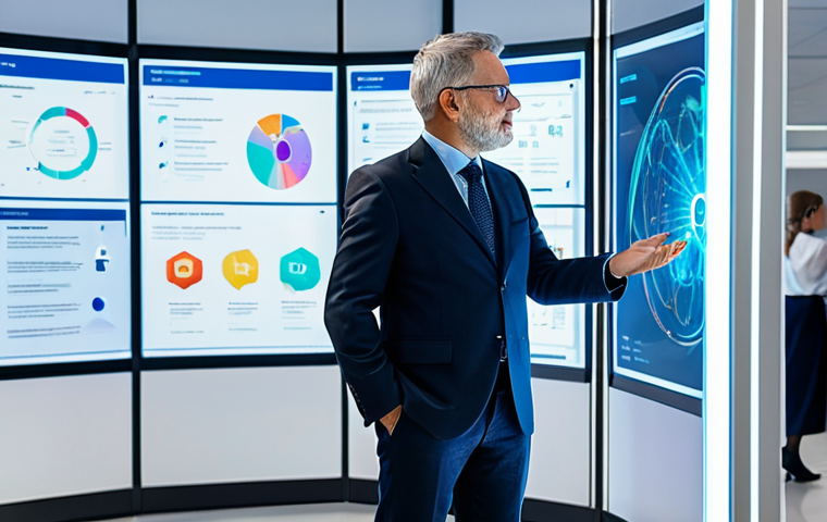 A professional adult, fully clothed in modern business attire, standing in a bright, futuristic educational lab, interacting with a translucent holographic display showing an AI-powered adaptive learning pathway for Open Educational Resources. The display features flowing data, personalized recommendations, and real-time progress indicators. The background is clean and minimalistic with soft, ambient lighting. The individual exhibits a focused, engaged expression. Perfect anatomy, correct proportions, well-formed hands, proper finger count, natural body proportions, natural pose. Professional photography, high detail, sharp focus, safe for work, appropriate content, modest clothing, family-friendly.