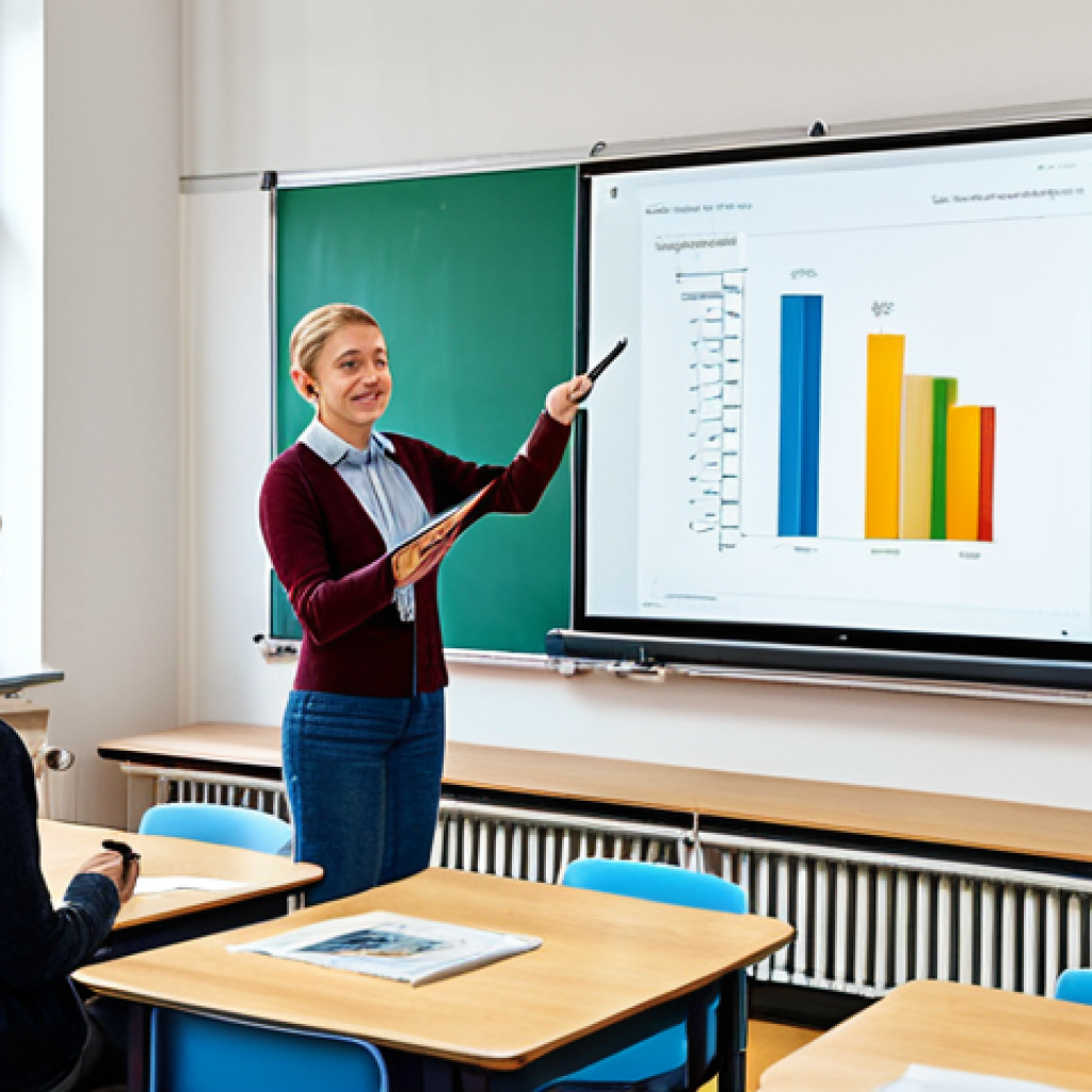 **
"A teacher in a modern German classroom, fully clothed, presenting educational materials from a tablet. The students are engaged and attentive, viewing a screen displaying open educational resources. The classroom has bright colors and encouraging posters. safe for work, appropriate content, professional education setting, fully clothed, perfect anatomy, correct proportions, natural pose, well-formed hands, proper finger count, natural body proportions, family-friendly, high quality, professional photography."
**