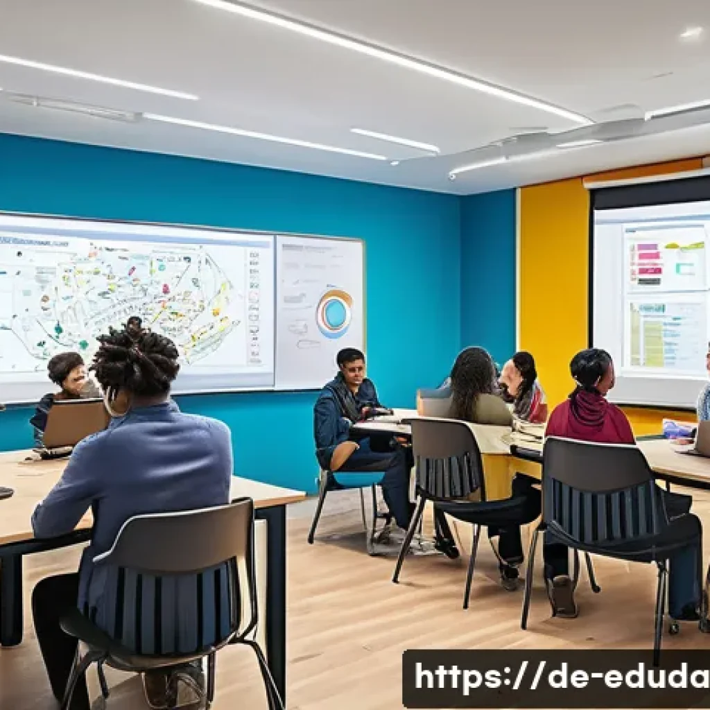 개방형 교육 자원 생태계에서의 학습 이론 적용 - A modern digital learning environment illustrating constructivist principles: diverse adult learners...