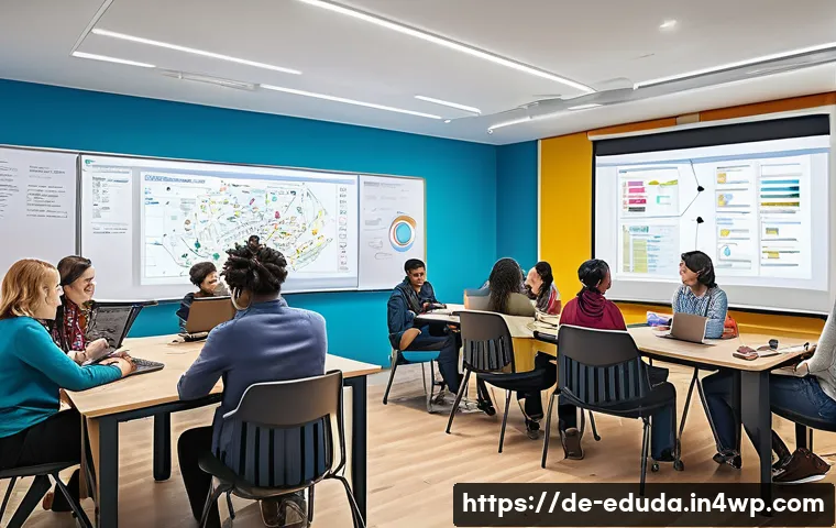 개방형 교육 자원 생태계에서의 학습 이론 적용 - A modern digital learning environment illustrating constructivist principles: diverse adult learners...