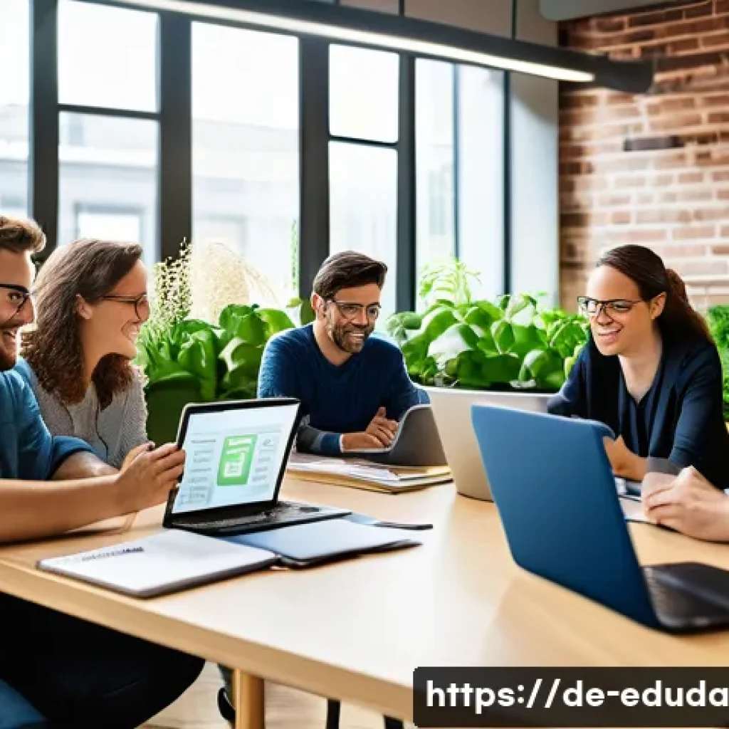 개방형 교육 자원 생태계의 지속 가능성 평가 - A modern educational workspace showing a diverse group of professionals collaborating on open educat...