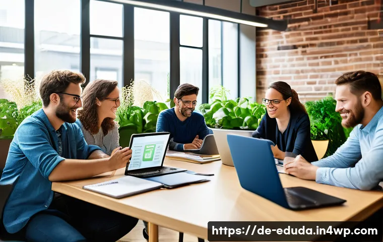 개방형 교육 자원 생태계의 지속 가능성 평가 - A modern educational workspace showing a diverse group of professionals collaborating on open educat...