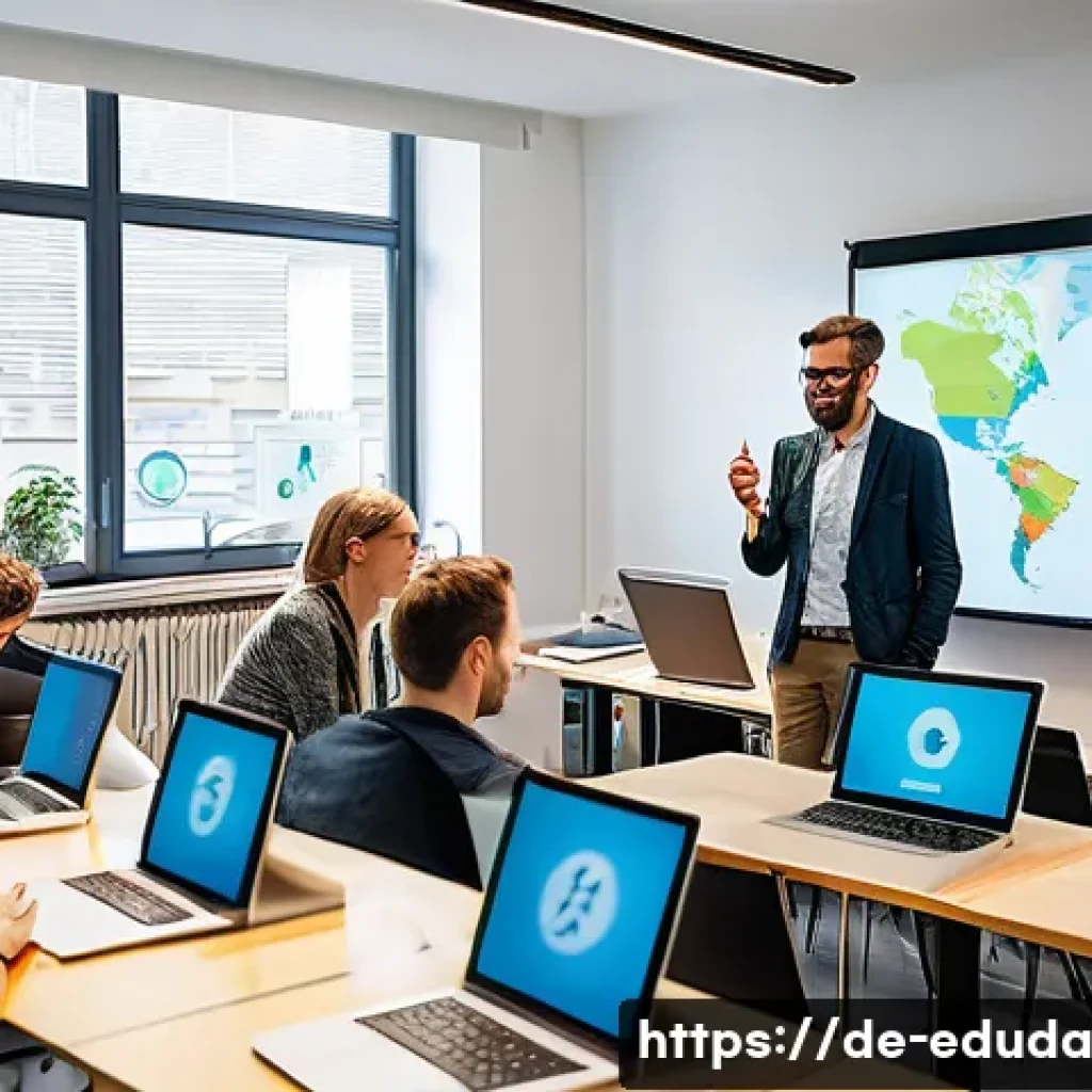 개방형 교육 자원 생태계에서의 교육자 역량 개발 - A modern classroom scene in Germany with a diverse group of teachers collaboratively using digital t...