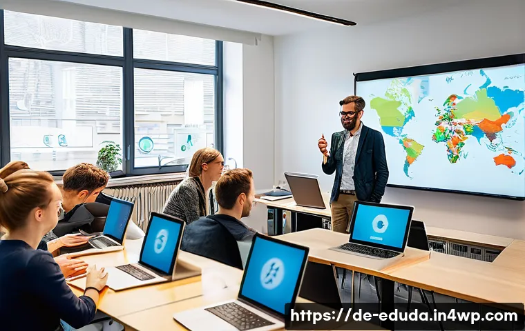 개방형 교육 자원 생태계에서의 교육자 역량 개발 - A modern classroom scene in Germany with a diverse group of teachers collaboratively using digital t...