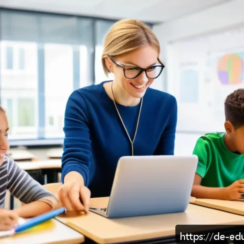 개방형 교육 자원 생태계에서의 학습 혁신 - A diverse German classroom scene showing a teacher using a digital tablet to engage students of diff...
