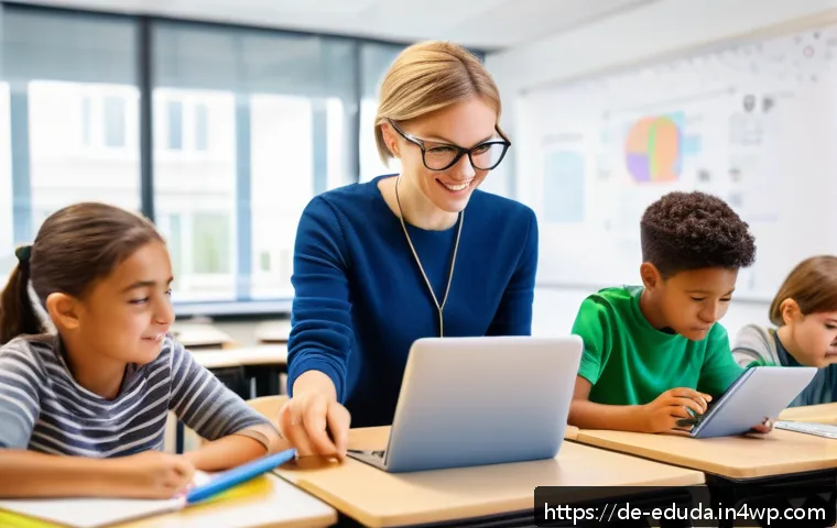 개방형 교육 자원 생태계에서의 학습 혁신 - A diverse German classroom scene showing a teacher using a digital tablet to engage students of diff...
