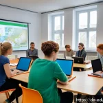 Home 22 개방형 교육 자원 생태계에서의 커리큘럼 설계 - A modern classroom scene in Germany featuring diverse adult learners engaging with modular learning ...