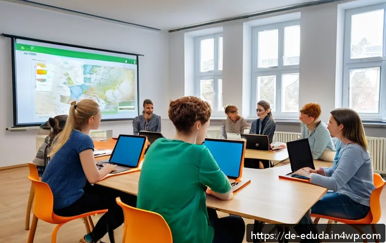 개방형 교육 자원 생태계에서의 커리큘럼 설계 - A modern classroom scene in Germany featuring diverse adult learners engaging with modular learning ...
