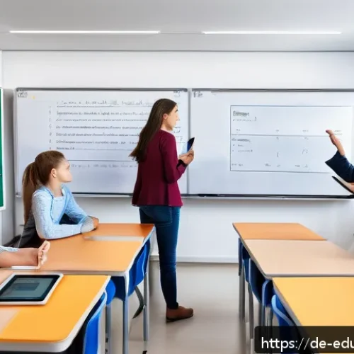 Home 33 개방형 교육 자원 생태계의 발전 방향 - A modern German classroom scene showing a diverse group of students and a teacher engaging with digi...