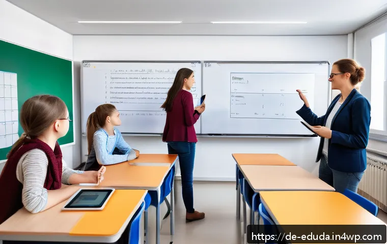 개방형 교육 자원 생태계의 발전 방향 - A modern German classroom scene showing a diverse group of students and a teacher engaging with digi...