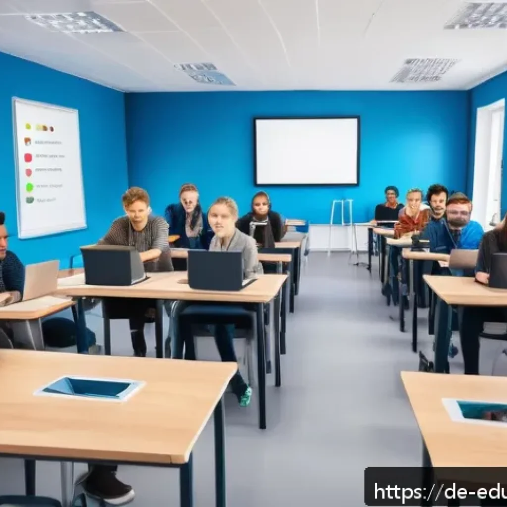 개방형 교육 자원 생태계에서의 평가 기준 - A modern classroom scene in Germany featuring diverse adult learners using various digital devices&mdash;l...