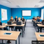 Home 20 개방형 교육 자원 생태계에서의 평가 기준 - A modern classroom scene in Germany featuring diverse adult learners using various digital devices—l...