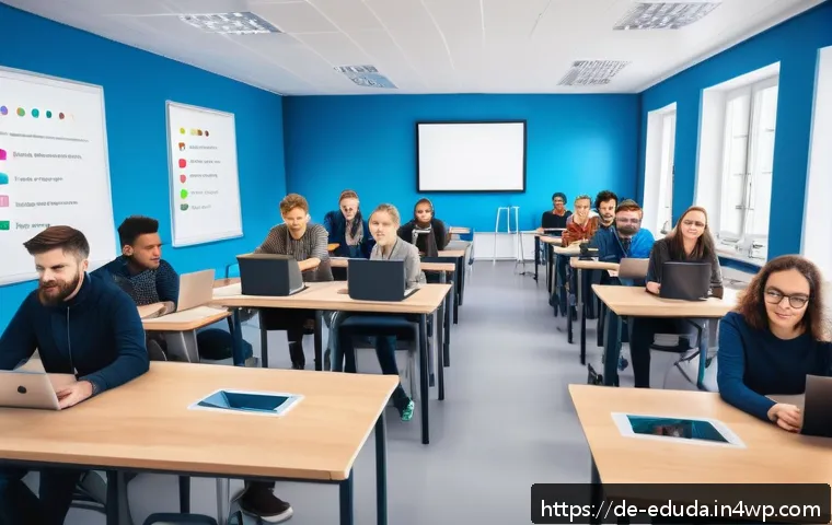 개방형 교육 자원 생태계에서의 평가 기준 - A modern classroom scene in Germany featuring diverse adult learners using various digital devices—l...