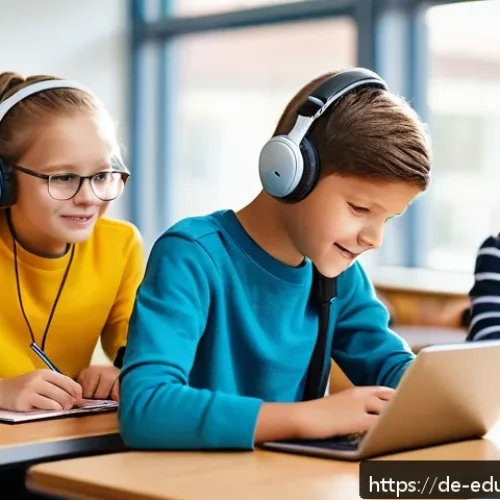 Home 30 개방형 교육 자원 생태계의 교육 접근성 향상 방안 - A diverse group of German schoolchildren in a modern classroom setting, engaging with various open e...