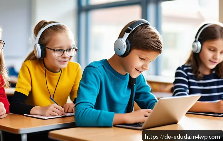 개방형 교육 자원 생태계의 교육 접근성 향상 방안 - A diverse group of German schoolchildren in a modern classroom setting, engaging with various open e...