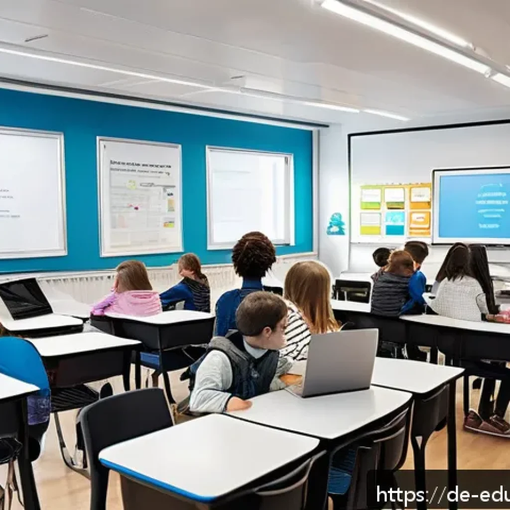개방형 교육 자원 생태계의 교육 환경 변화 - A modern German classroom scene featuring a diverse group of students and a teacher engaging with di...