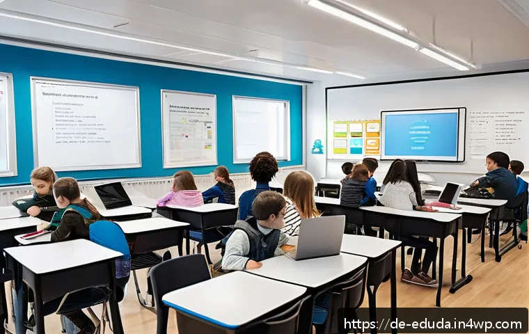 개방형 교육 자원 생태계의 교육 환경 변화 - A modern German classroom scene featuring a diverse group of students and a teacher engaging with di...